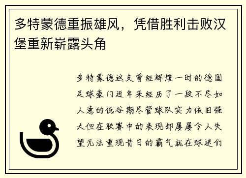多特蒙德重振雄风，凭借胜利击败汉堡重新崭露头角